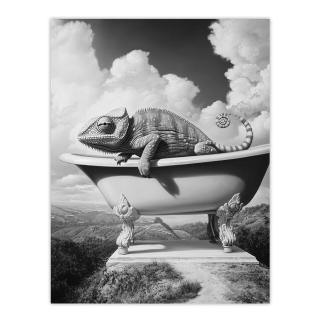 "Artery8 Large Chameleon in Bathtub Black White Surreal Wall Art Print in Grey - Size: W18"" x H24""" - image 1