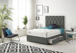 Somnior Premier Linen Fabric Divan Bed with Spring Memory Foam Mattress & Upholstered Headboard 4 Drawers in Dark Grey - Size: Super King