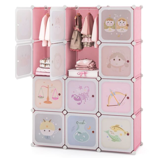 Gymax Portable Kids Wardrobe Cute 12-Cube Baby Closet With Hanging Sections in Pink - image 1