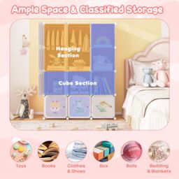 Gymax Portable Kids Wardrobe Cute 12-Cube Baby Closet With Hanging Sections in Pink - thumbnail 4