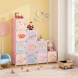 Gymax Portable Kids Wardrobe Cute 12-Cube Baby Closet With Hanging Sections in Pink - thumbnail 3