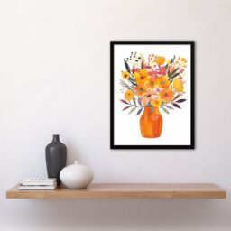 "Artery8 Bright Autumnal Orange Pink Flower Bouquet Vase Framed Art Print in Yellow - Size: W12"" x H16""" - thumbnail 4