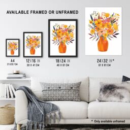 "Artery8 Bright Autumnal Orange Pink Flower Bouquet Vase Framed Art Print in Yellow - Size: W12"" x H16""" - thumbnail 3