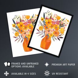 "Artery8 Bright Autumnal Orange Pink Flower Bouquet Vase Framed Art Print in Yellow - Size: W12"" x H16""" - thumbnail 2