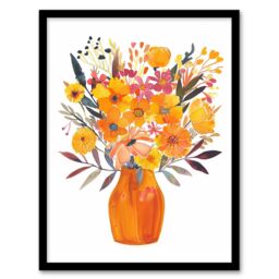 "Artery8 Bright Autumnal Orange Pink Flower Bouquet Vase Framed Art Print in Yellow - Size: W12"" x H16""" - thumbnail 1