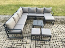 Fimous Aluminium Outdoor Garden Furniture Set Lounge Corner Sofa Square Coffee Table Sets with 3 Footstools Dark Grey - thumbnail 2