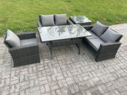 Fimous Wicker Rattan Garden Dining Set Outdoor Furniture Sofa with Dining Table Double Seat Sofa Side Table Dark Grey Mixed - thumbnail 2