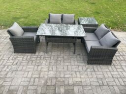 Fimous Wicker Rattan Garden Dining Set Outdoor Furniture Sofa with Dining Table Double Seat Sofa Side Table Dark Grey Mixed - thumbnail 1