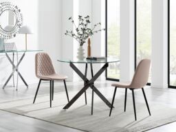FurnitureboxUK Novara 100cm Round Black Leg Dining Table & 2 Corona Black Leg Chairs in Beige