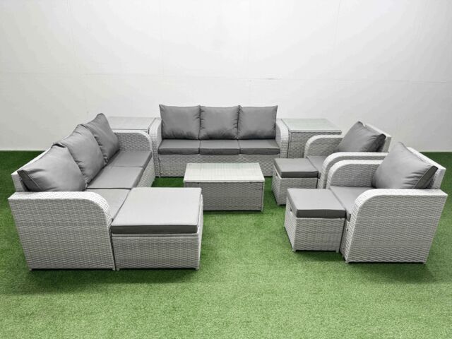 Fimous PE Rattan High Back Lounge Sofa Set Patio Coffee Table & Chairs Set with 3 Seater Sofa Reclining Chair 3 Stools 2 Side Table Light Grey - image 1