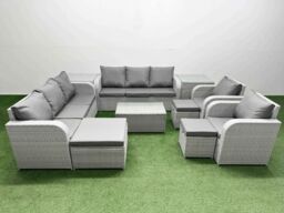 Fimous PE Rattan High Back Lounge Sofa Set Patio Coffee Table & Chairs Set with 3 Seater Sofa Reclining Chair 3 Stools 2 Side Table Light Grey - thumbnail 2