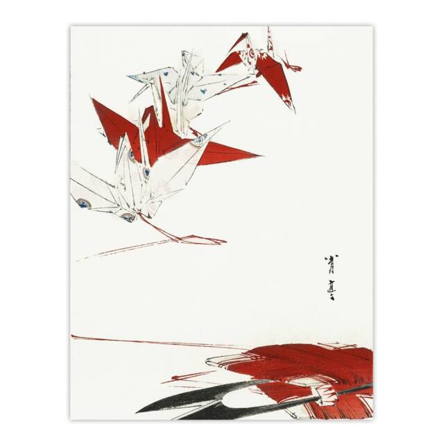 "Artery8 Bird Origami Crane Kachoga Vintage Japan Wall Art Print Seitei in Red - Size: W12"" x H16""" - image 1