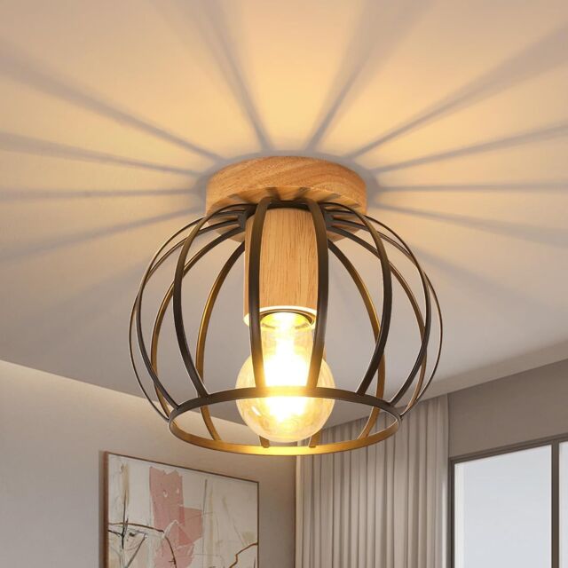 COMELY Industrial Metal Cage Ceiling Lights, Vintage Wooden Chandelier, Black - image 1