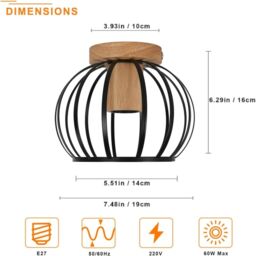 COMELY Industrial Metal Cage Ceiling Lights, Vintage Wooden Chandelier, Black - thumbnail 7