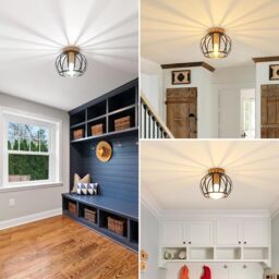 COMELY Industrial Metal Cage Ceiling Lights, Vintage Wooden Chandelier, Black - thumbnail 6