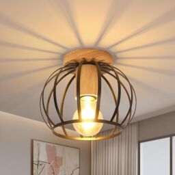 COMELY Industrial Metal Cage Ceiling Lights, Vintage Wooden Chandelier, Black