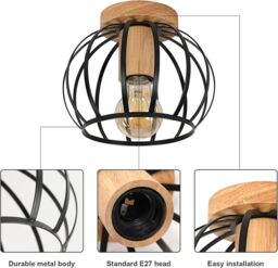 COMELY Industrial Metal Cage Ceiling Lights, Vintage Wooden Chandelier, Black - thumbnail 8