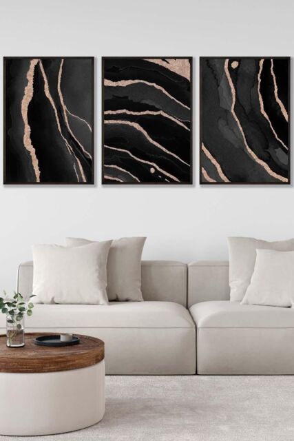 ARTZE Abstract Black Grey Gold Strokes Framed Wall Art - Large - Size: W53 cm x H73 cm x D20mm - image 1