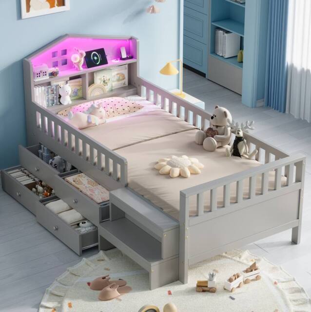 STILVORA 3ft Single Low Loft Bed with LED, Storage & USB in Grey - image 1