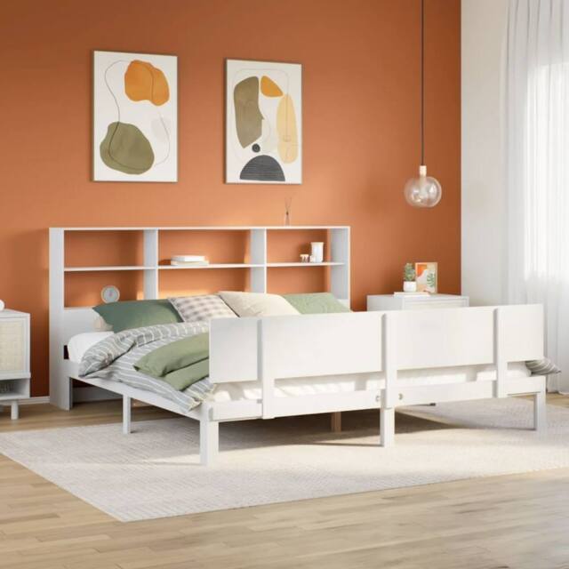 Berkfield Home Bookcase Bed Frame Wax Brown 150x200 cm King Size Solid Wood Pine in White - Size: Super King - image 1