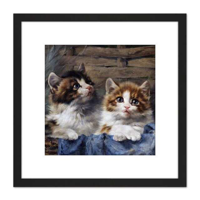 Artery8 Adam Two Kittens Basket Blue Cloth Cat Painting 8X8 Inch Square Wooden Framed Wall Art Print Picture with Mount in Black - image 1