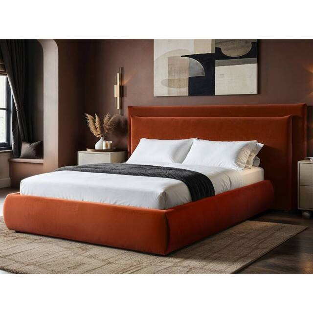 Solace+Co Sigrid Burnt Orange Velvet Cushion Headboard Ottoman Bed - Size: King - image 1
