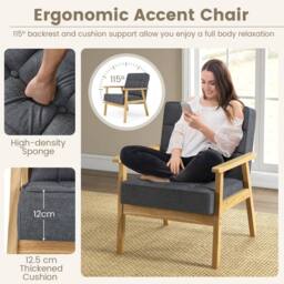Costway Modern Upholstered Accent Sofa Chair Wooden Armchair w/ Rubber Wood Armrests in Grey - thumbnail 4