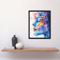 Artery8 Ethereal Woman Face Portrait Floral Watercolour Framed Art Print in Blue - Size: A4 - thumbnail 4