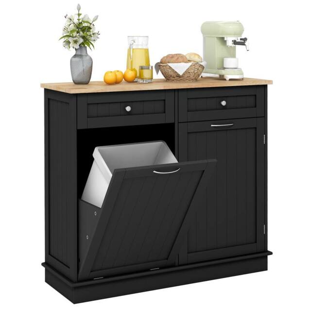 Gymax Tilt Out 70L Kitchen Garbage Holder Recycling Cabinet With 2 Drawers in Black - image 1