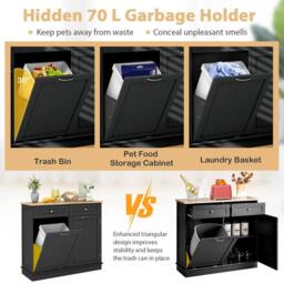 Gymax Tilt Out 70L Kitchen Garbage Holder Recycling Cabinet With 2 Drawers in Black - thumbnail 2
