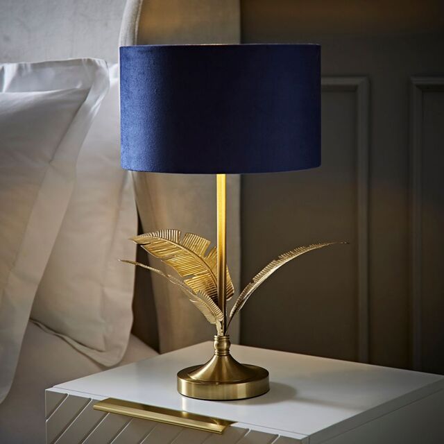 ValueLights Christina Velvet with Gold Inner Drum Shade Gold Palm Leaf Table Lamp with Bulb in Navy - image 1