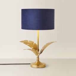 ValueLights Christina Velvet with Gold Inner Drum Shade Gold Palm Leaf Table Lamp with Bulb in Navy - thumbnail 6