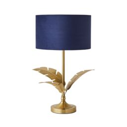 ValueLights Christina Velvet with Gold Inner Drum Shade Gold Palm Leaf Table Lamp with Bulb in Navy - thumbnail 2