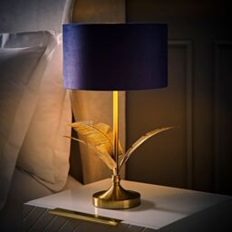 ValueLights Christina Velvet with Gold Inner Drum Shade Gold Palm Leaf Table Lamp with Bulb in Navy - thumbnail 3