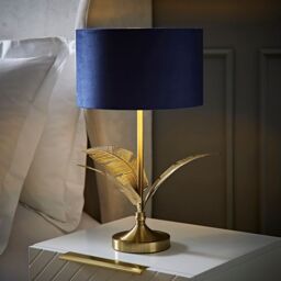 ValueLights Christina Velvet with Gold Inner Drum Shade Gold Palm Leaf Table Lamp with Bulb in Navy - thumbnail 1