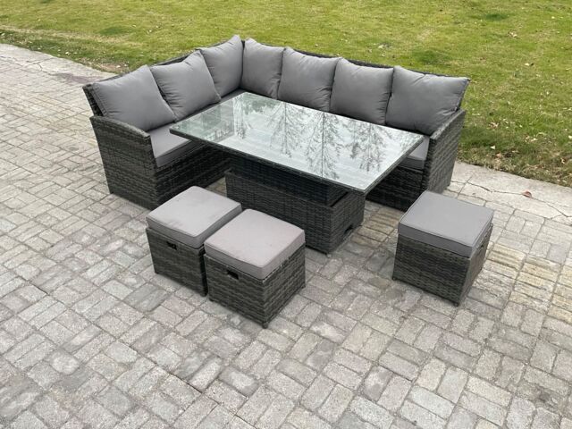 Fimous Wicker PE Outdoor Rattan Garden Furniture Set Height Adjustable Rising Lifting Table Sofa Dining Set with 3 Small Footstools in Dark Grey - image 1