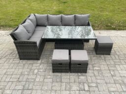 Fimous Wicker PE Outdoor Rattan Garden Furniture Set Height Adjustable Rising Lifting Table Sofa Dining Set with 3 Small Footstools in Dark Grey - thumbnail 2