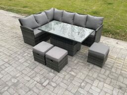 Fimous Wicker PE Outdoor Rattan Garden Furniture Set Height Adjustable Rising Lifting Table Sofa Dining Set with 3 Small Footstools in Dark Grey - thumbnail 1