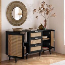 Birlea 2 Door 3 Drawer Rattan Sideboard Curved Cupboard Sark Storage Cabinet in Black - thumbnail 2