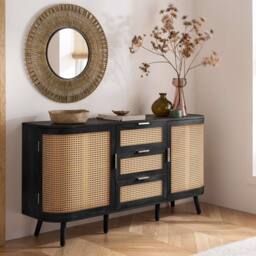 Birlea 2 Door 3 Drawer Rattan Sideboard Curved Cupboard Sark Storage Cabinet in Black