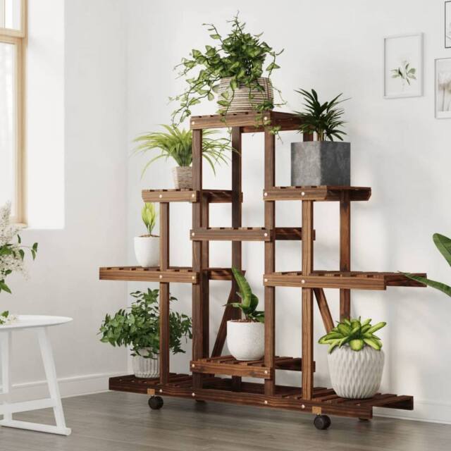 Berkfield Home Elegant Flower Stand with Wheels 110x25x101 cm Solid Wood Fir in Brown - Size: 110 x 25 x 101 cm - image 1