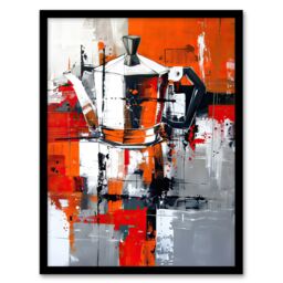 Artery8 Moka Coffee Pot Abstract Orange Grey Painting Framed Art Print - Size: A4 - thumbnail 1