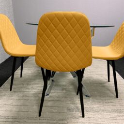 KOSY KOALA Round Glass Dining Table Set With 4 Mustard Gem Pattern Chairs Dining Room Furniture in Beige - thumbnail 2