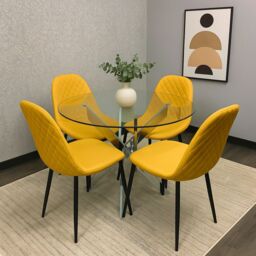 KOSY KOALA Round Glass Dining Table Set With 4 Mustard Gem Pattern Chairs Dining Room Furniture in Beige