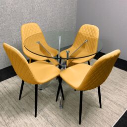 KOSY KOALA Round Glass Dining Table Set With 4 Mustard Gem Pattern Chairs Dining Room Furniture in Beige - thumbnail 3
