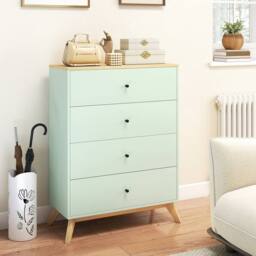 HOMCOM Chest of Drawers, 4 Drawer Storage Cabinet, Light Green & Oak - thumbnail 1
