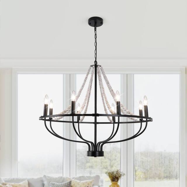 NIVOR 8 Light Dimmable Wagon Wheel Chandelier with Beaded Accents Adjustable in Black - image 1