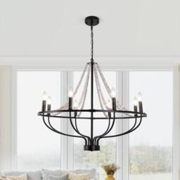 NIVOR 8 Light Dimmable Wagon Wheel Chandelier with Beaded Accents Adjustable in Black - thumbnail 1