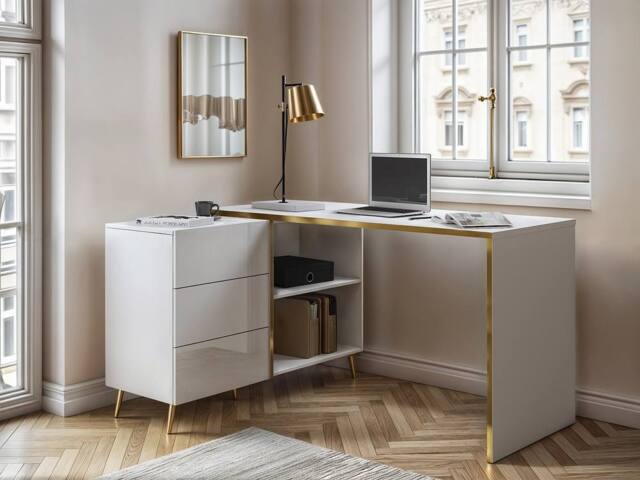 Vente-unique Corner Desk With Drawers & Recesses - Gloss White & Gold - image 1