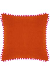 Paoletti Velvet Pom Pom Trimmed Cushion in Orange - Size: 45 cm x 45 cm - thumbnail 1